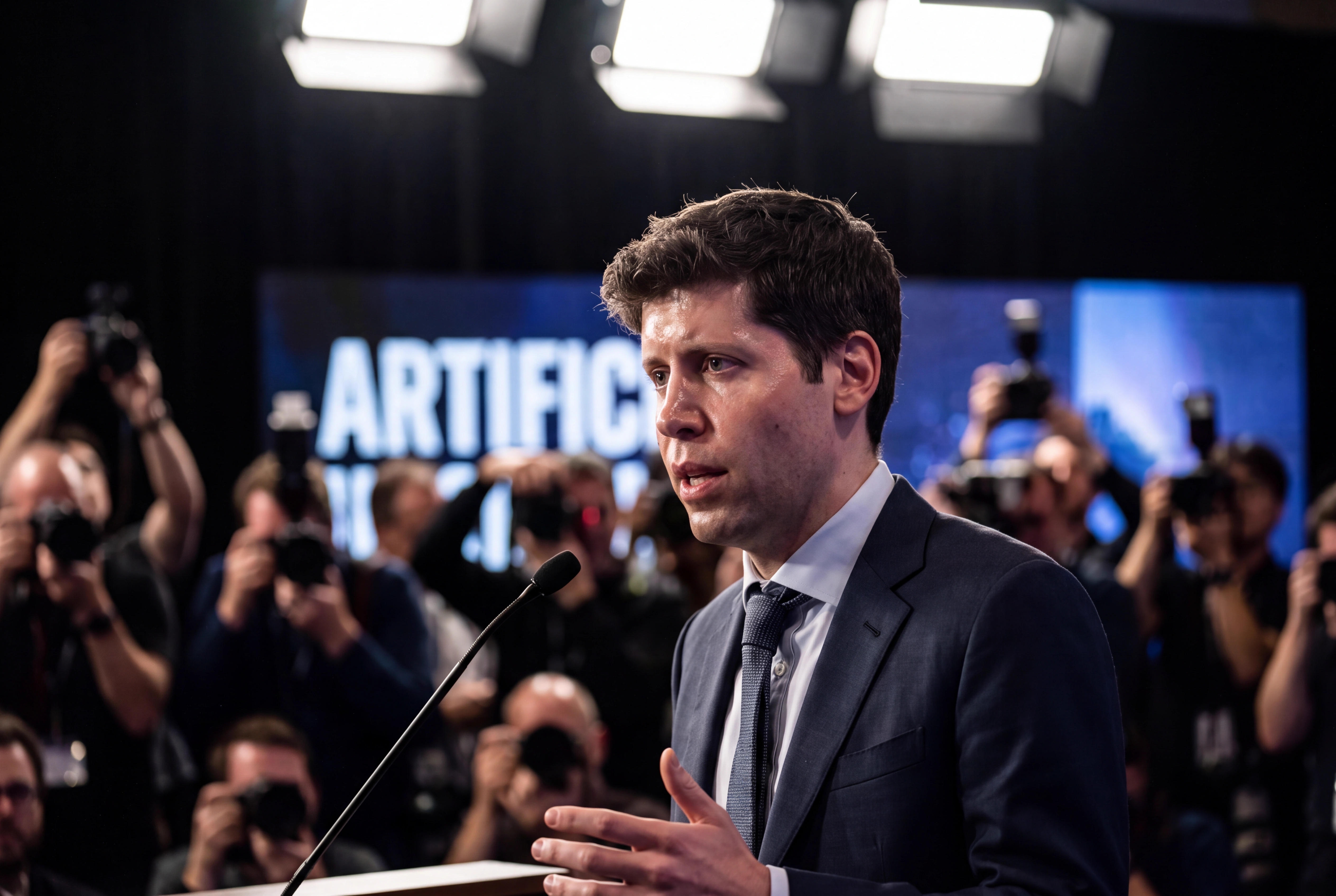 OpenAI-Chef Sam Altman waehrend einer Rede bei einem Presse-Termin