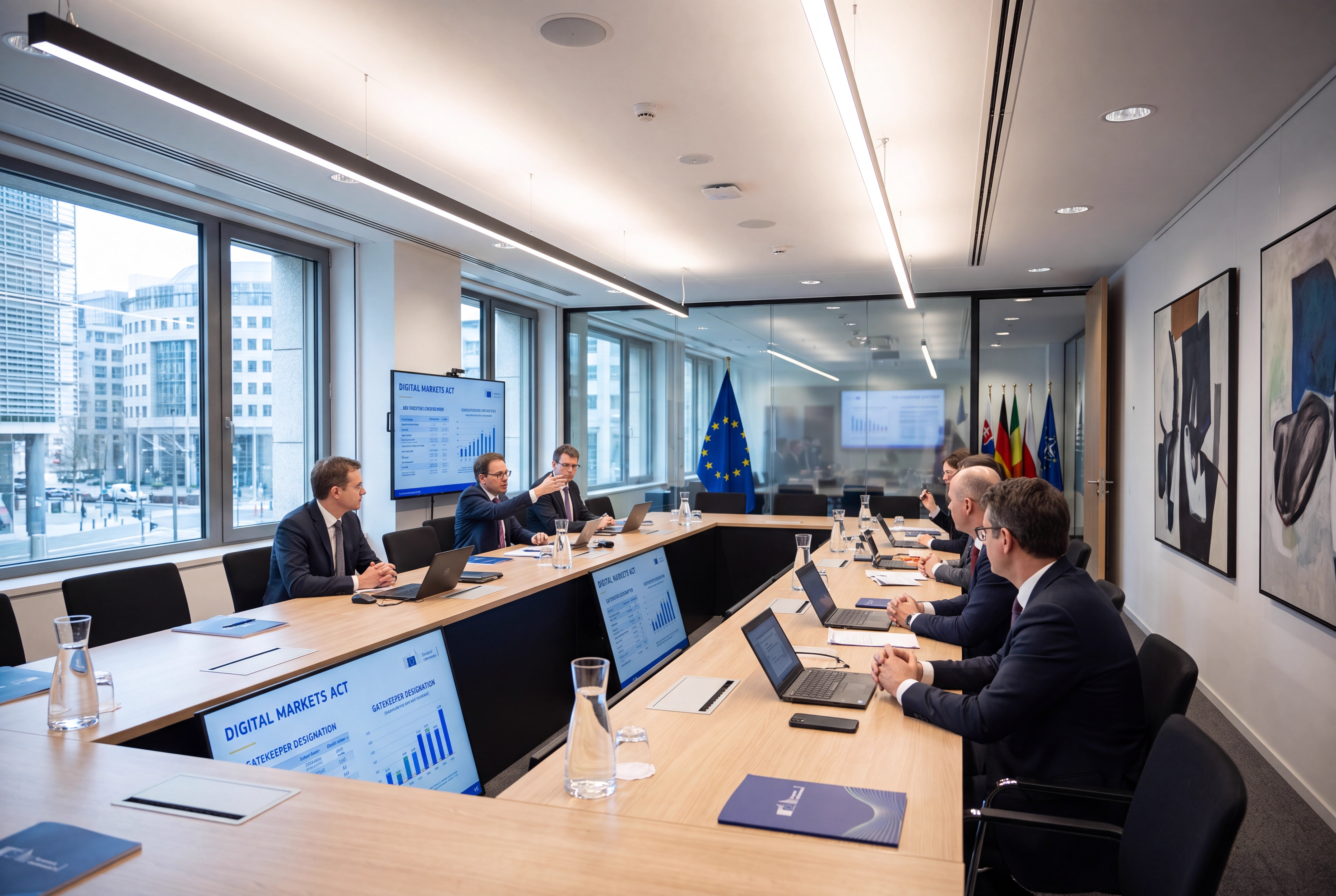 Nuechternes Sitzungsinterieur einer europaeischen Regulierungsbehoerde mit grossen Fenstern