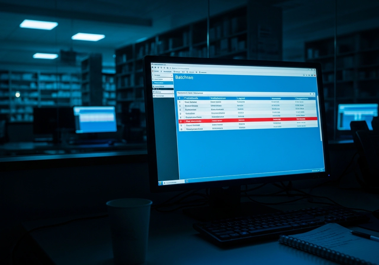 Monitor in naechtlicher Krankenhausapotheke zeigt Chargen-Tracking-Datenbank mit deutschen Spalten und rot markierten Rueckruf-Warnungen.