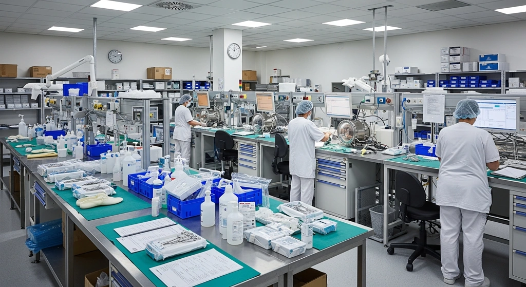 Krankenhaus-Sterilisationslabor im Schichtbetrieb, zwei Laboranten in weissen Kitteln bei der Qualitaetskontrolle zwischen Autoklaven.
