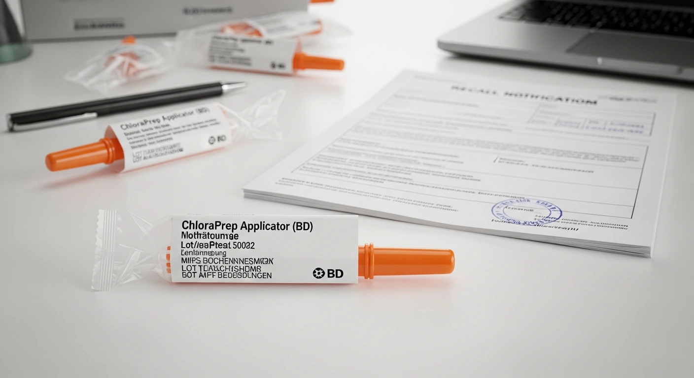 ChloraPrep-Einmalapplikator auf weisser Apothekenflaeche, Etikett und Chargennummer lesbar, daneben ein Rueckruf-Formular.