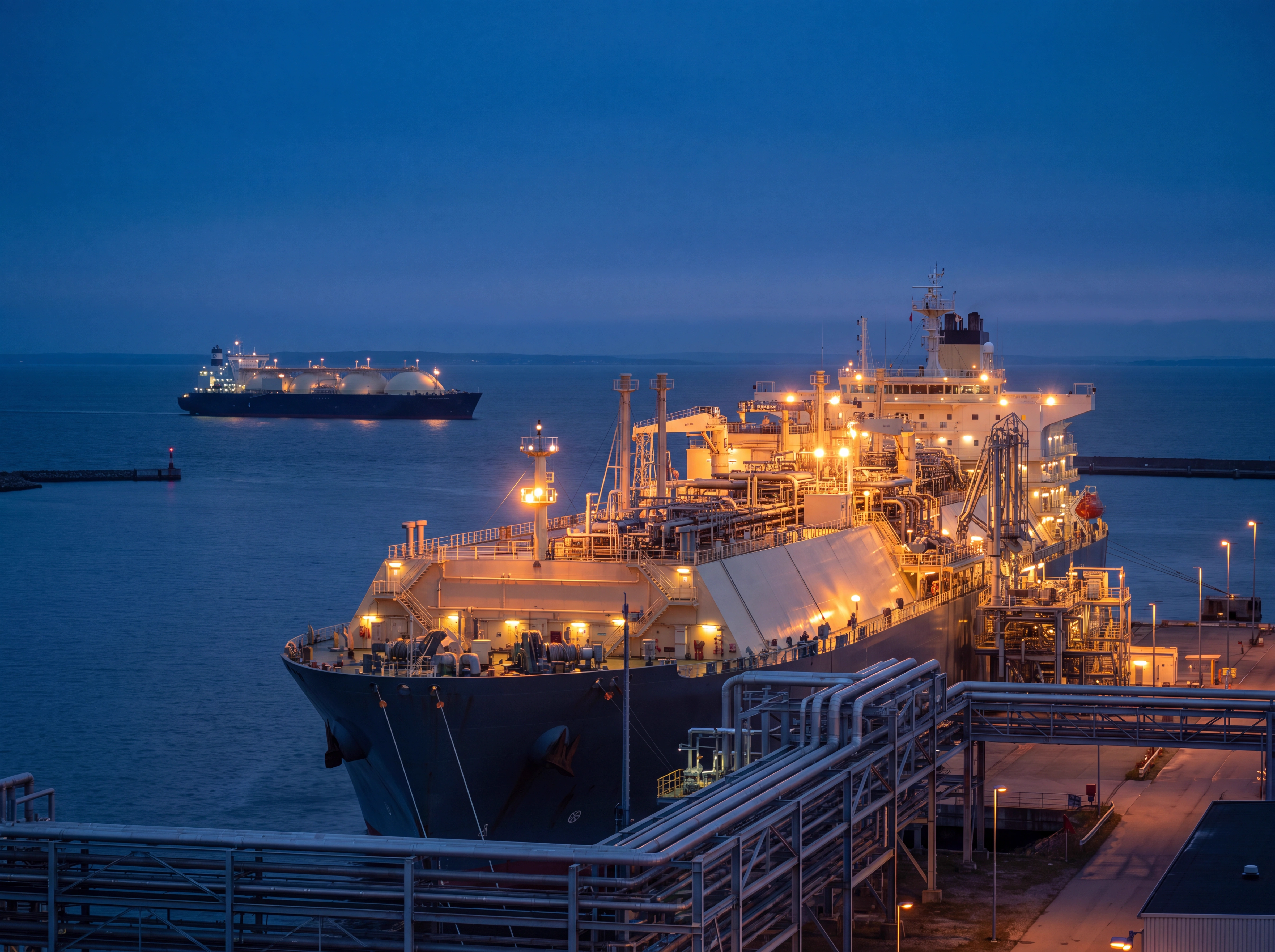 Schwimmendes LNG-Regasifizierungsterminal FSRU in einem nordeuropäischen Hafen zur Blauen Stunde, sich nähernder LNG-Tanker im Hintergrund