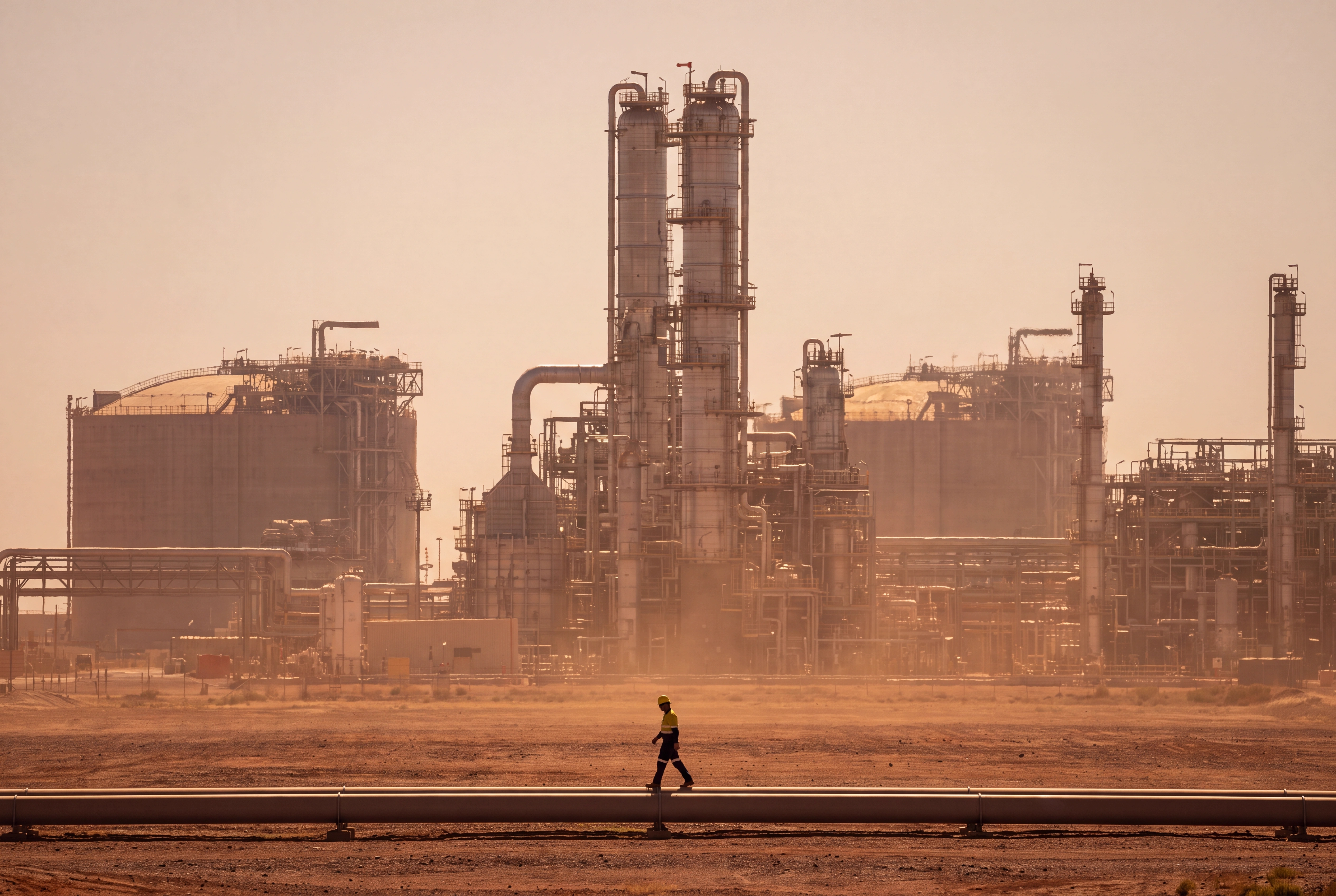 Verflüssigungstürme und Speichertanks eines australischen LNG-Terminals an der roten Nordwestküste, einzelner Techniker mit gelbem Helm an einer Pipeline