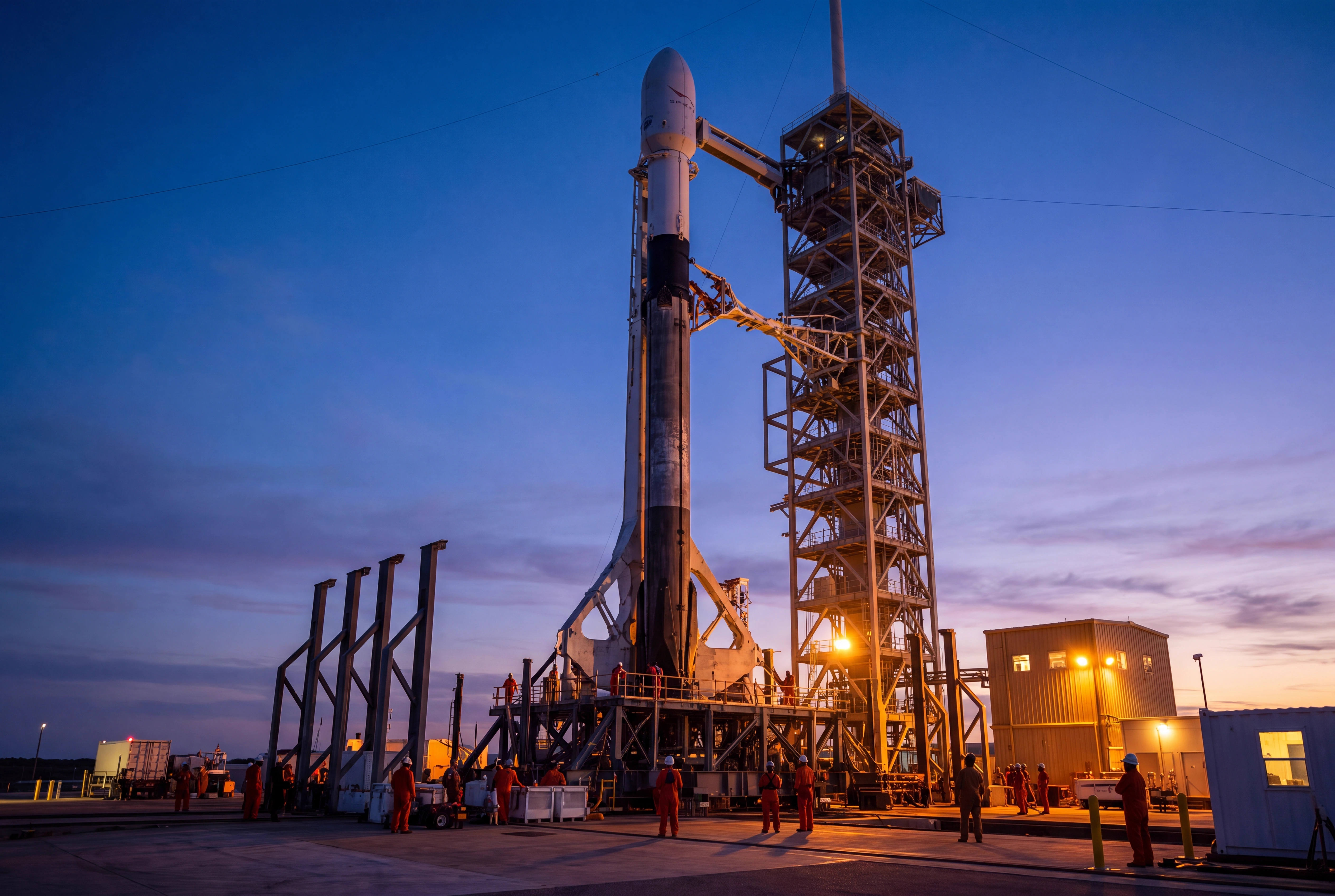 Falcon-9-Rakete auf der Startrampe im blaugrauen Licht kurz vor Sonnenaufgang, Techniker in orangefarbenen Overalls